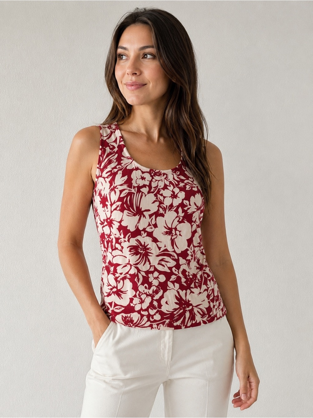 Ann Taylor Floral Tank Top Women’s M Red White Tropical Sleeveless